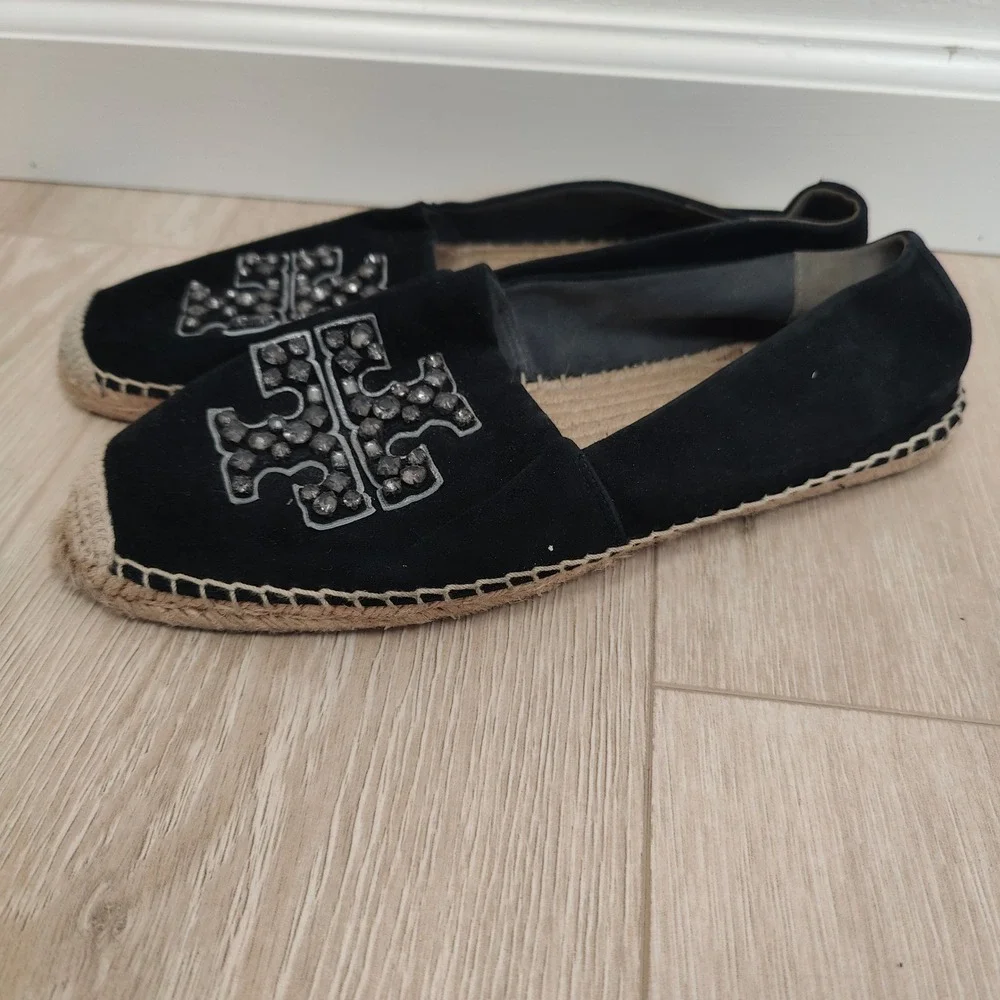 Tory Burch Embellished Jeweled Espadrille Flats Womens 11 Black Diamond‎ Suede